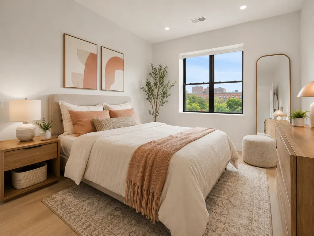 A bedroom with a bed, nightstand, and a window with a view of trees.