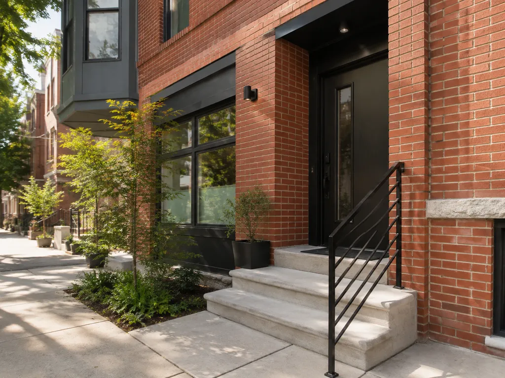 Brick building with black door, white steps, and green plants.